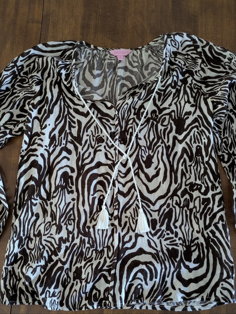 Lilly Pulitzer Etta Tassel Peasant Brown & White Full Entourage Zebra XS Blouse